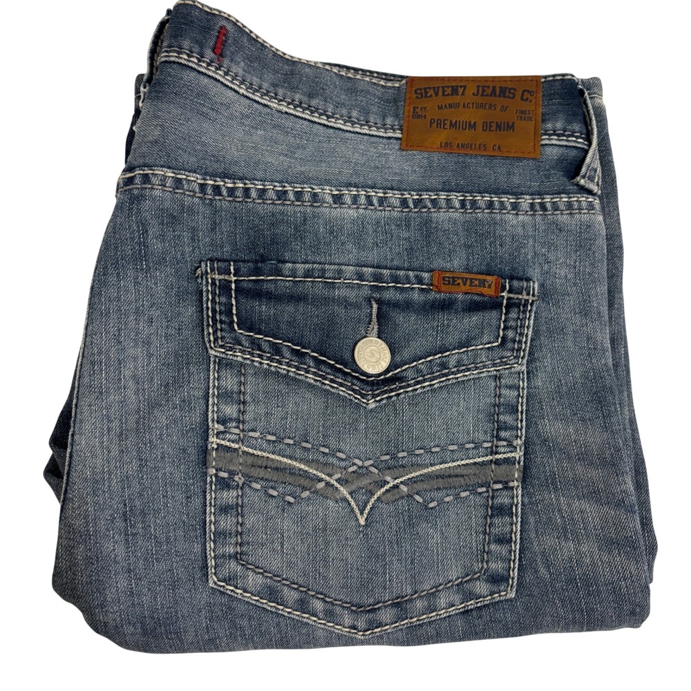 Seven7 Boot Fit Blue Jeans Mens 36 x 33 Pockets Heavy Stitching Wide leg opening
